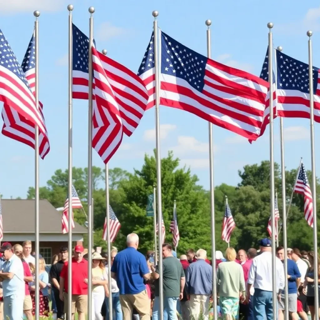 American flags surrounding a peaceful community gathering.