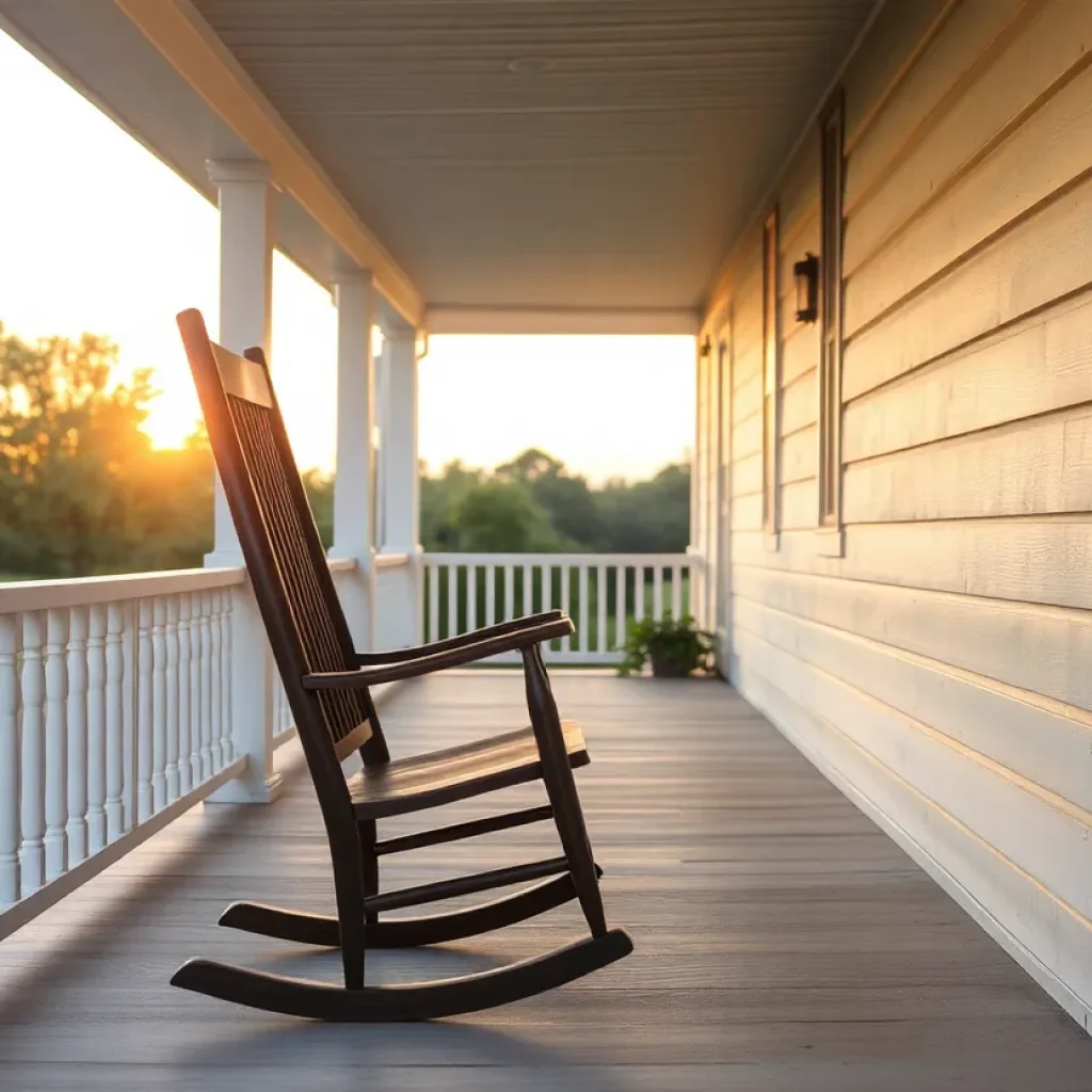 An empty rocking chair on a porch at sunset.