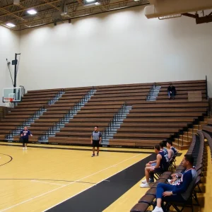 Basketball court with empty bleachers and team jerseys.