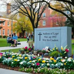 Memorial scholarship tribute on a college campus