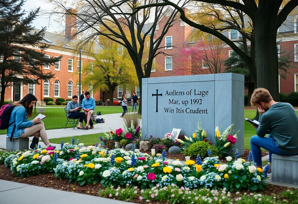 Memorial scholarship tribute on a college campus