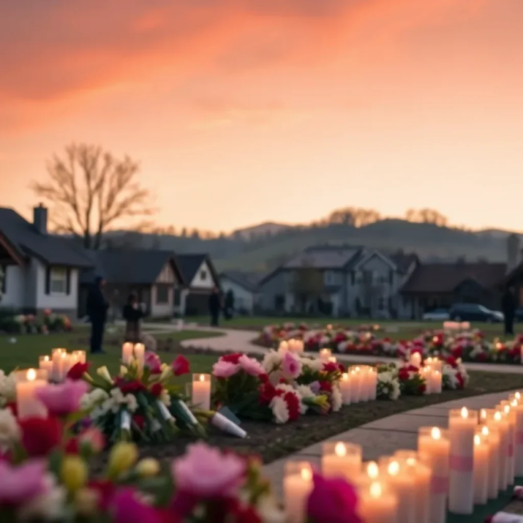 Candles and flowers in a community setting representing mourning.