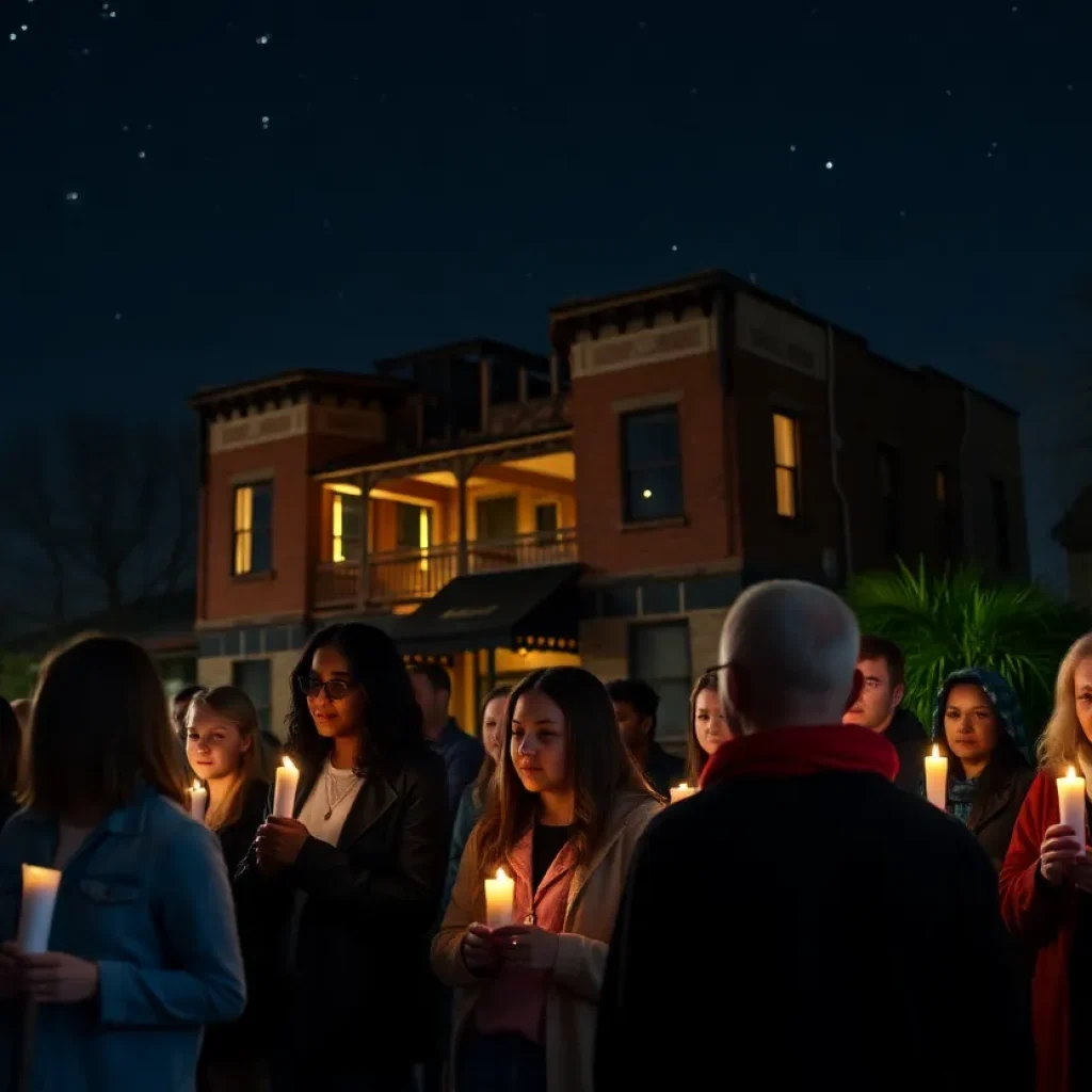 Community members holding candles during a vigil for the Clinton fire victims.