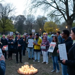 Community members gathered holding candles and signs for justice.