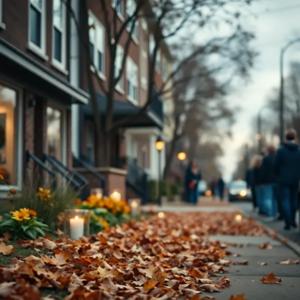 A street in a small town with fallen leaves, reflecting a community in mourning.