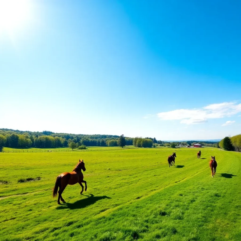 A panoramic view of the planned equestrian park with trails and horses.