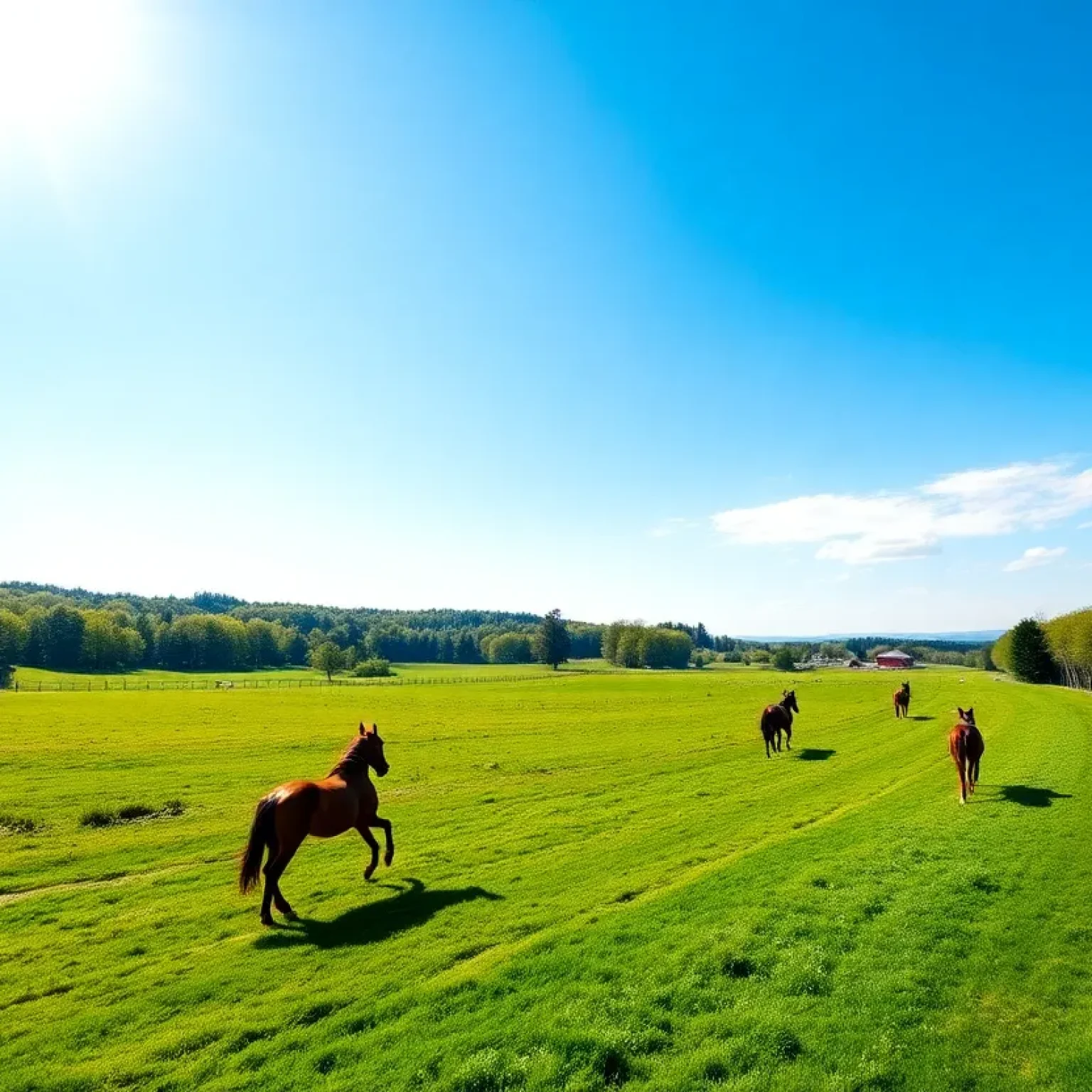 A panoramic view of the planned equestrian park with trails and horses.