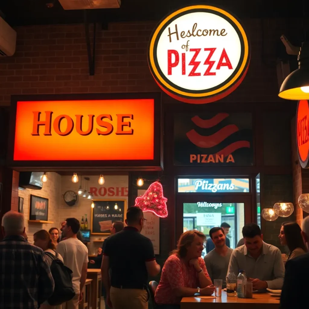 A busy House of Pizza restaurant in Clinton, full of patrons enjoying meals together.