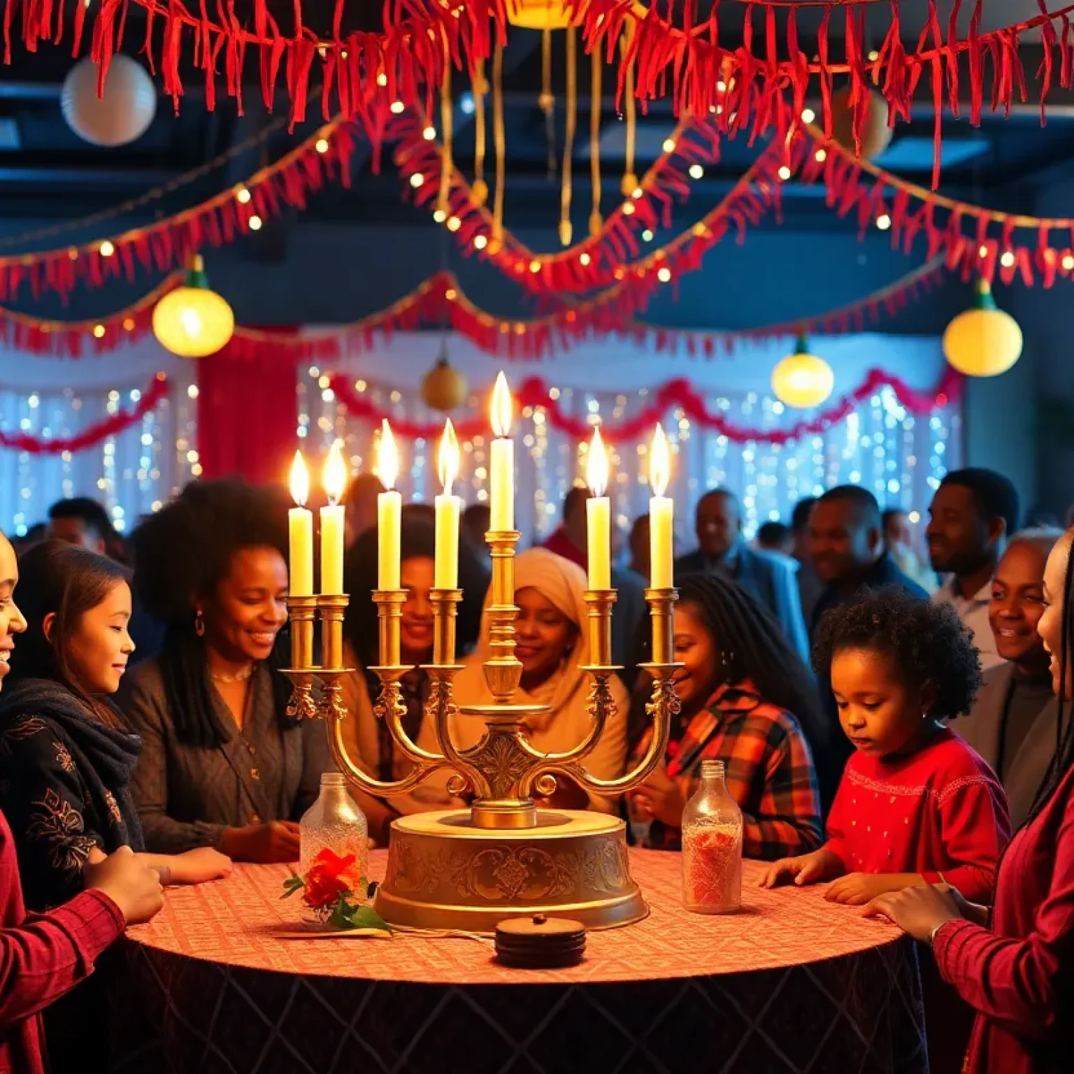 Community celebration of Kwanzaa with families and traditional decorations