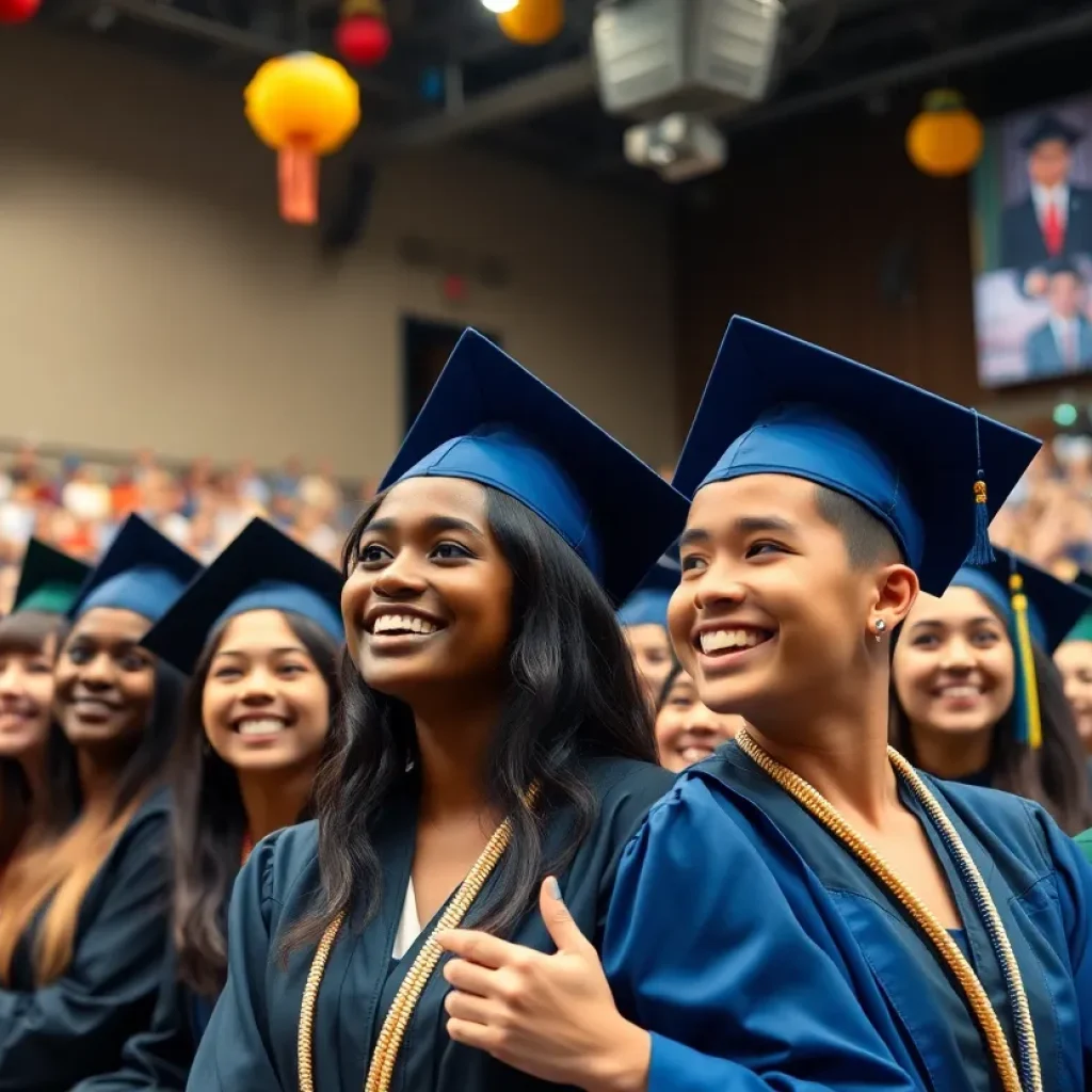 Graduation ceremony at Laurens District 55 High School with students in caps and gowns