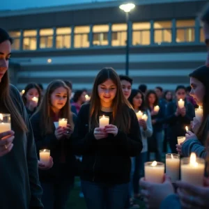 Students and community members lighting candles at a vigil for MyAngel Walker