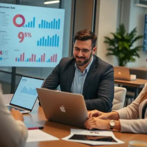 Team of marketers analyzing sentiment analysis data in a contemporary office environment.