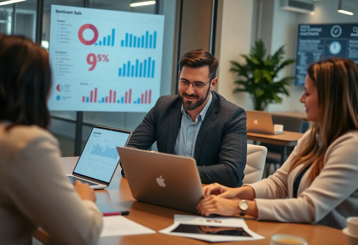 Team of marketers analyzing sentiment analysis data in a contemporary office environment.