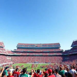 Football fans cheering in a packed stadium during the South Carolina High School Football Championships