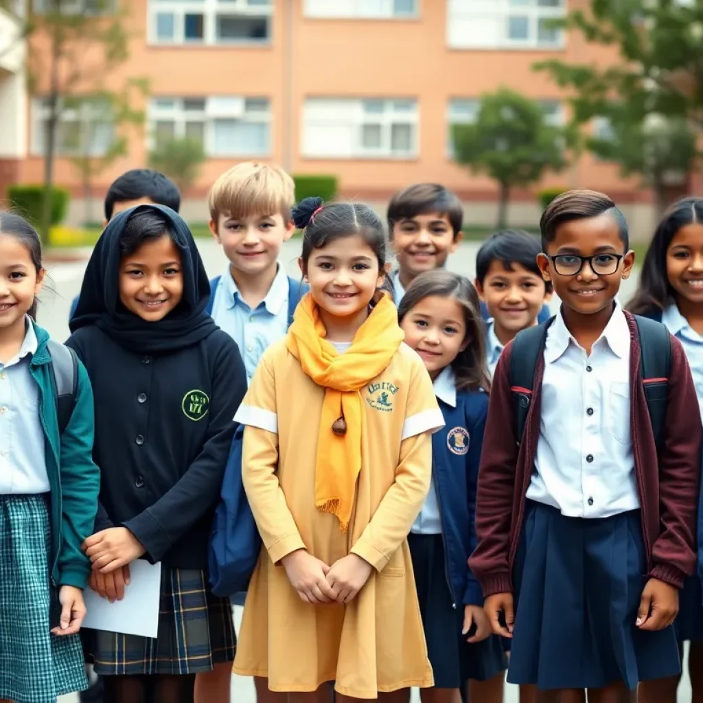 A group of diverse students in colorful school uniforms outside a school building.