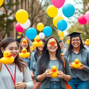 Students of Texas A&M International University celebrating digital marketing award wins with rubber ducks.