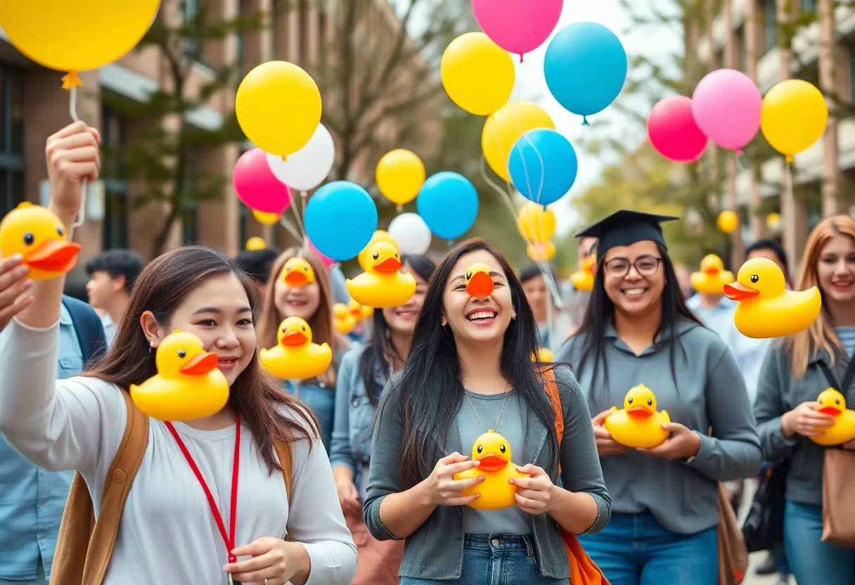 Students of Texas A&M International University celebrating digital marketing award wins with rubber ducks.