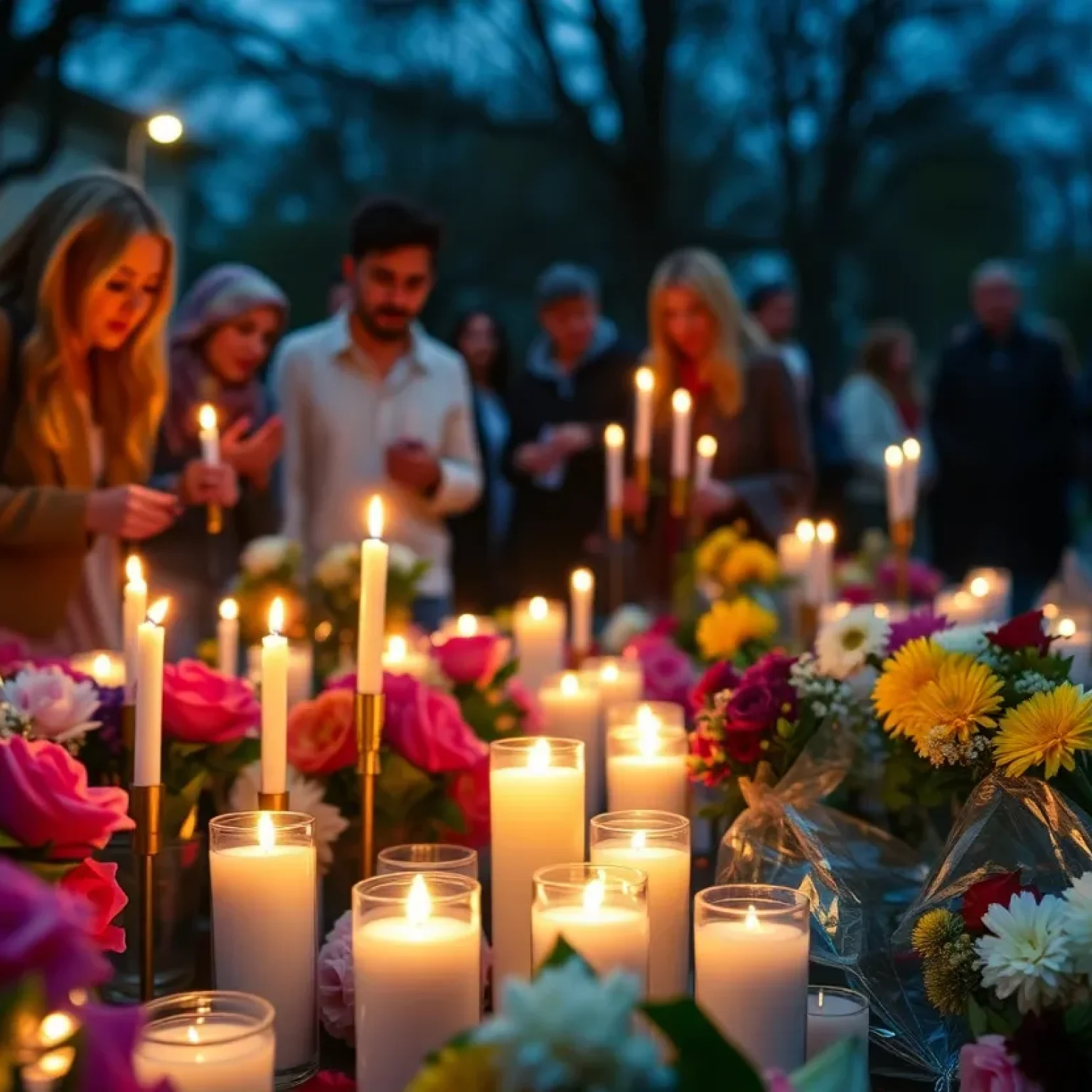 Community gathering holding candles in memory of a missing young woman