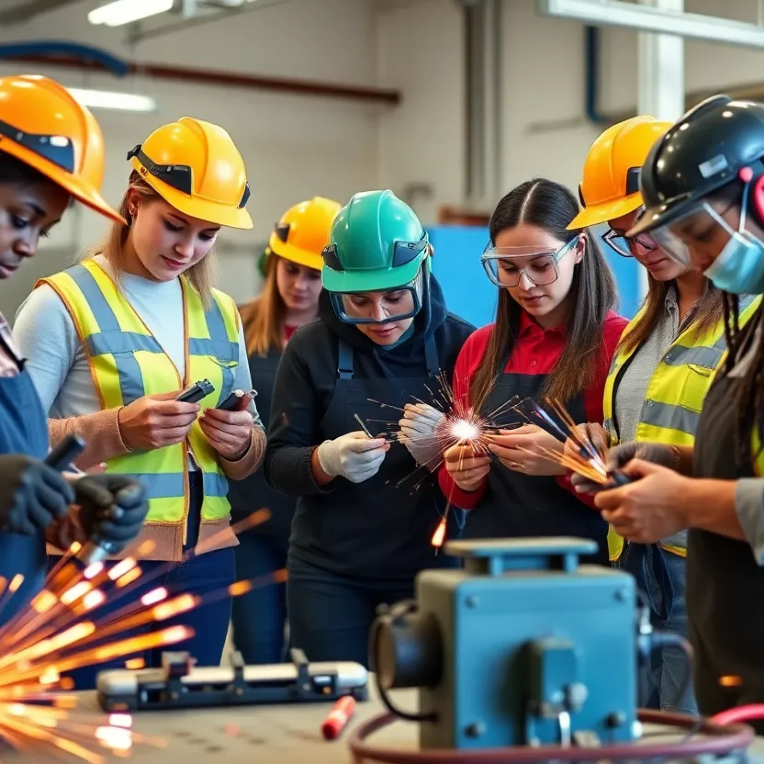 Diverse women working together in a welding class