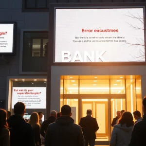 Confused customers outside a bank building during access issues