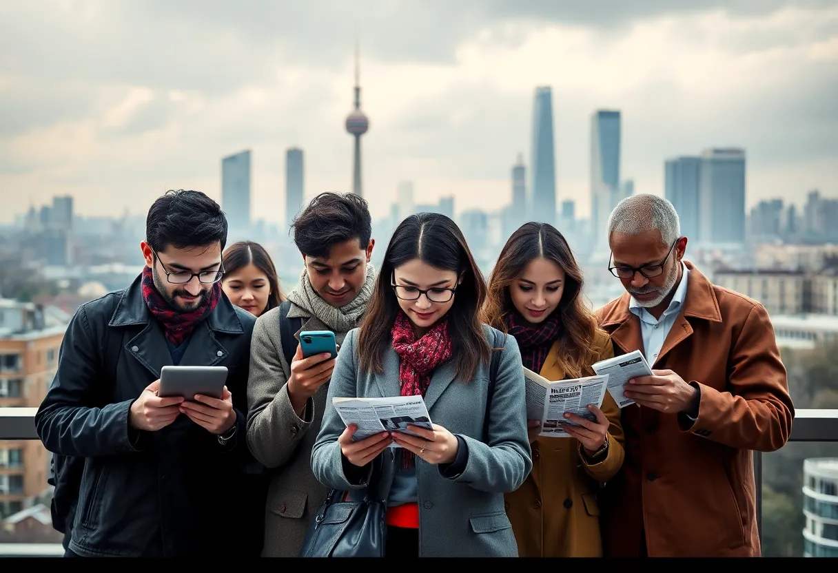 Conceptual image of people consuming news amidst an urban infrastructure setting