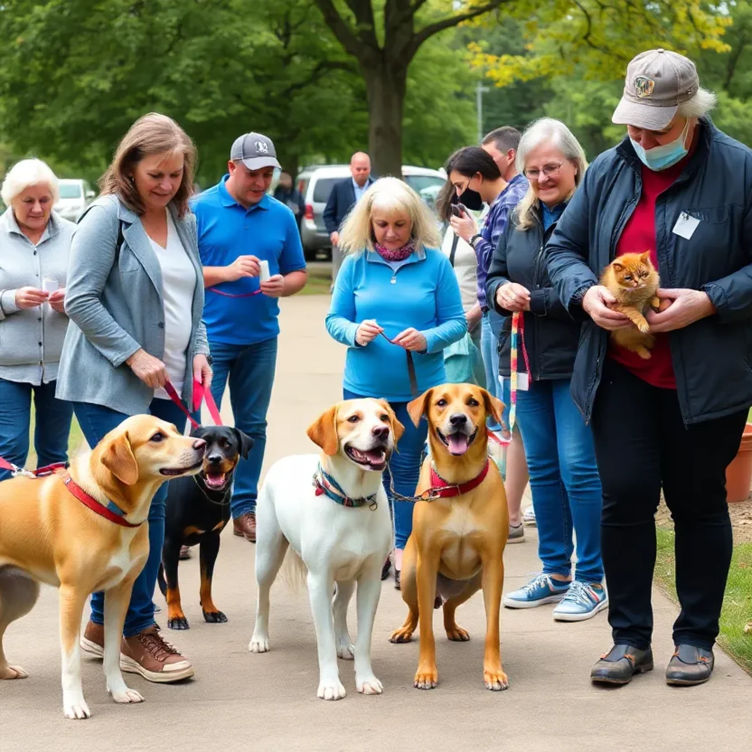 Pet owners at a rabies clinic with dogs and cats in a community event.