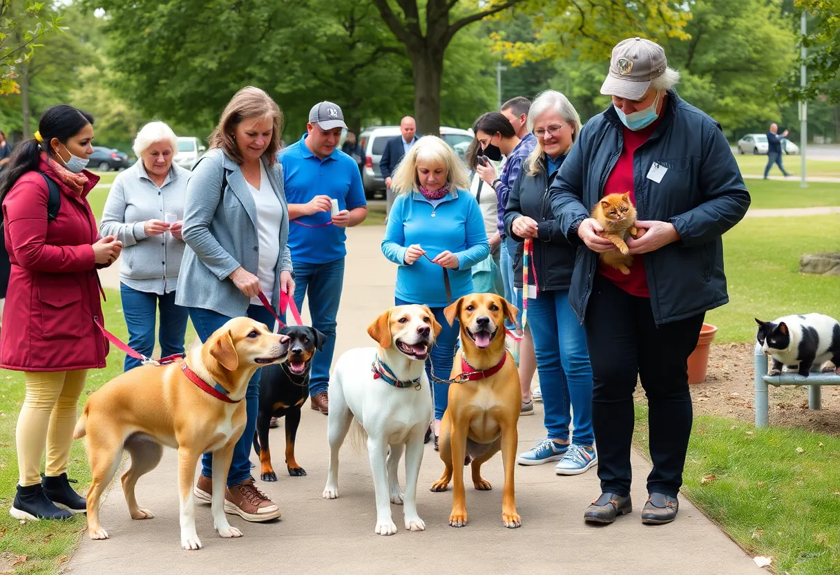 Pet owners at a rabies clinic with dogs and cats in a community event.