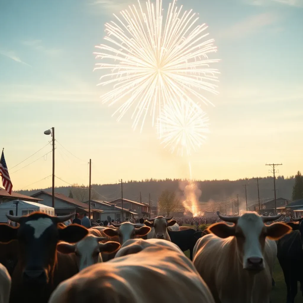 Fireworks exploding over a small town with livestock in the foreground during a festive celebration.