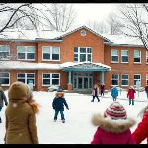 Midlands school covered in snow with children playing.