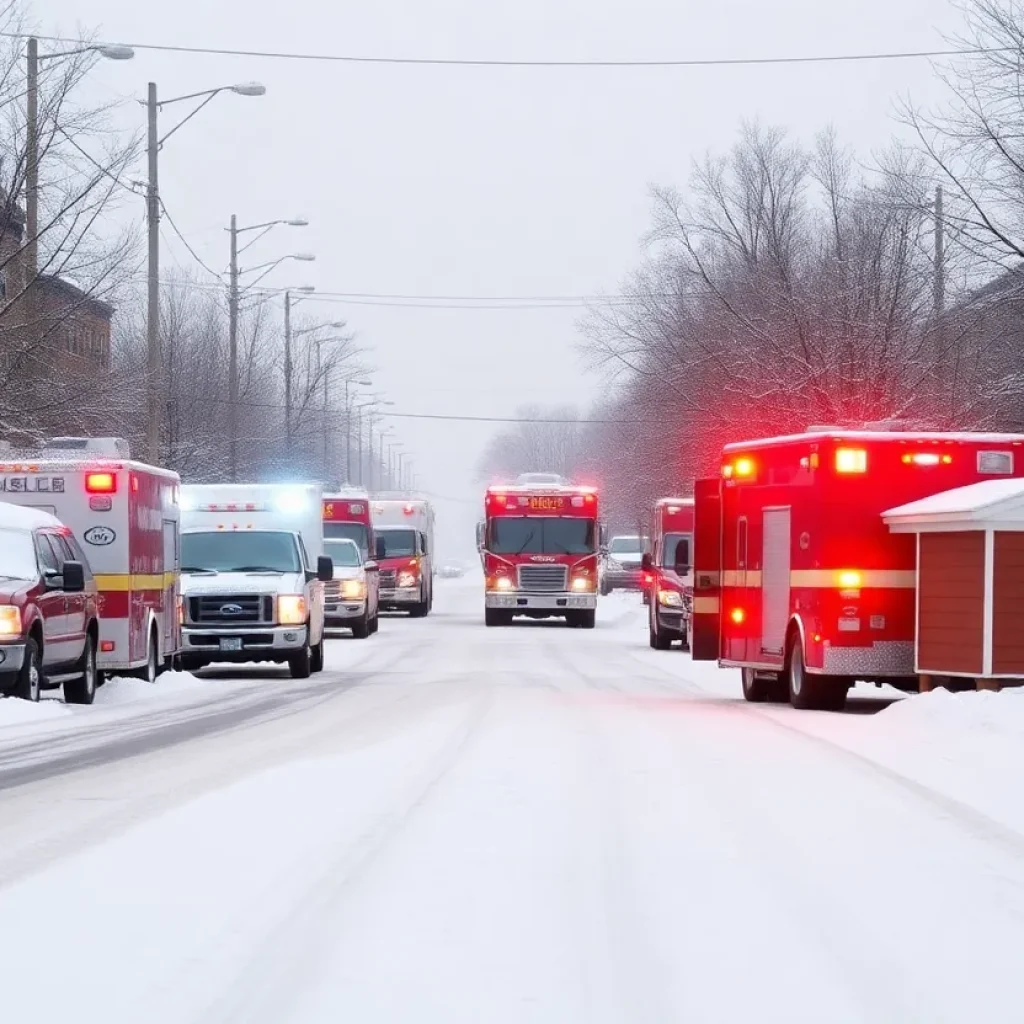 Emergency response vehicles in a snow-covered area supporting residents during winter weather