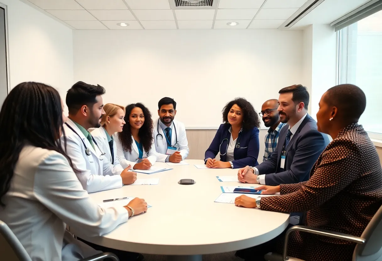 Diverse group of physicians collaborating in a conference room.