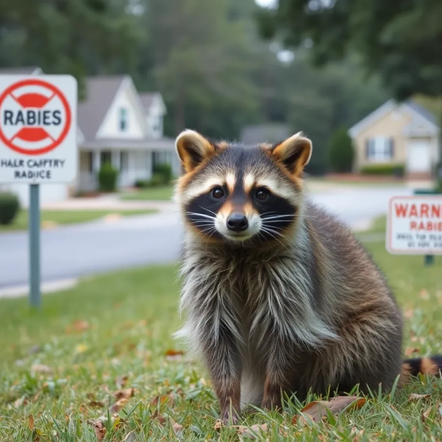 Raccoon warning sign in a suburban neighborhood of Clinton SC