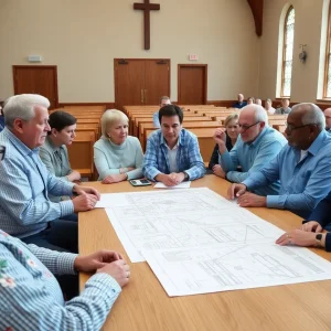 Community members discussing the water expansion project at Lakeview Baptist Church.