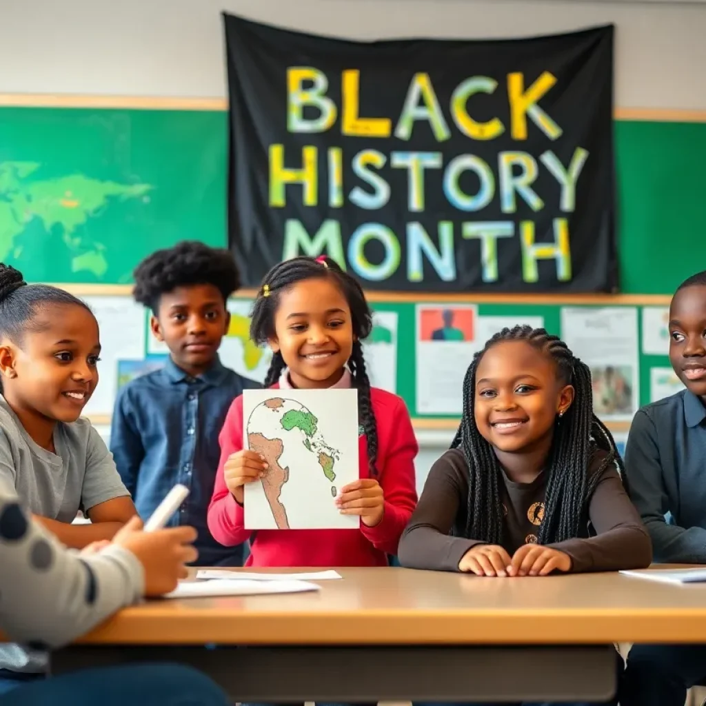 Students celebrating Black History Month with interactive activities.