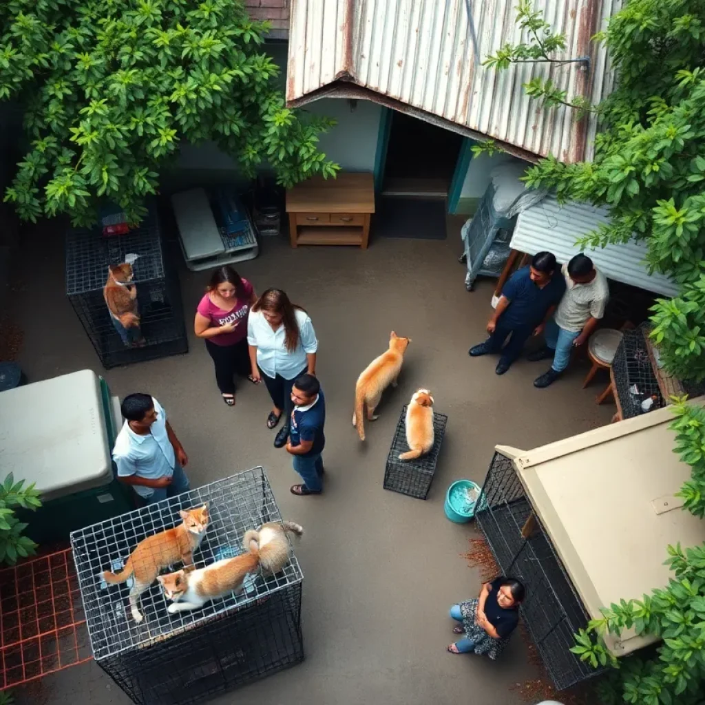 Community members bringing feral cats to a veterinary clinic for spay and neuter services.