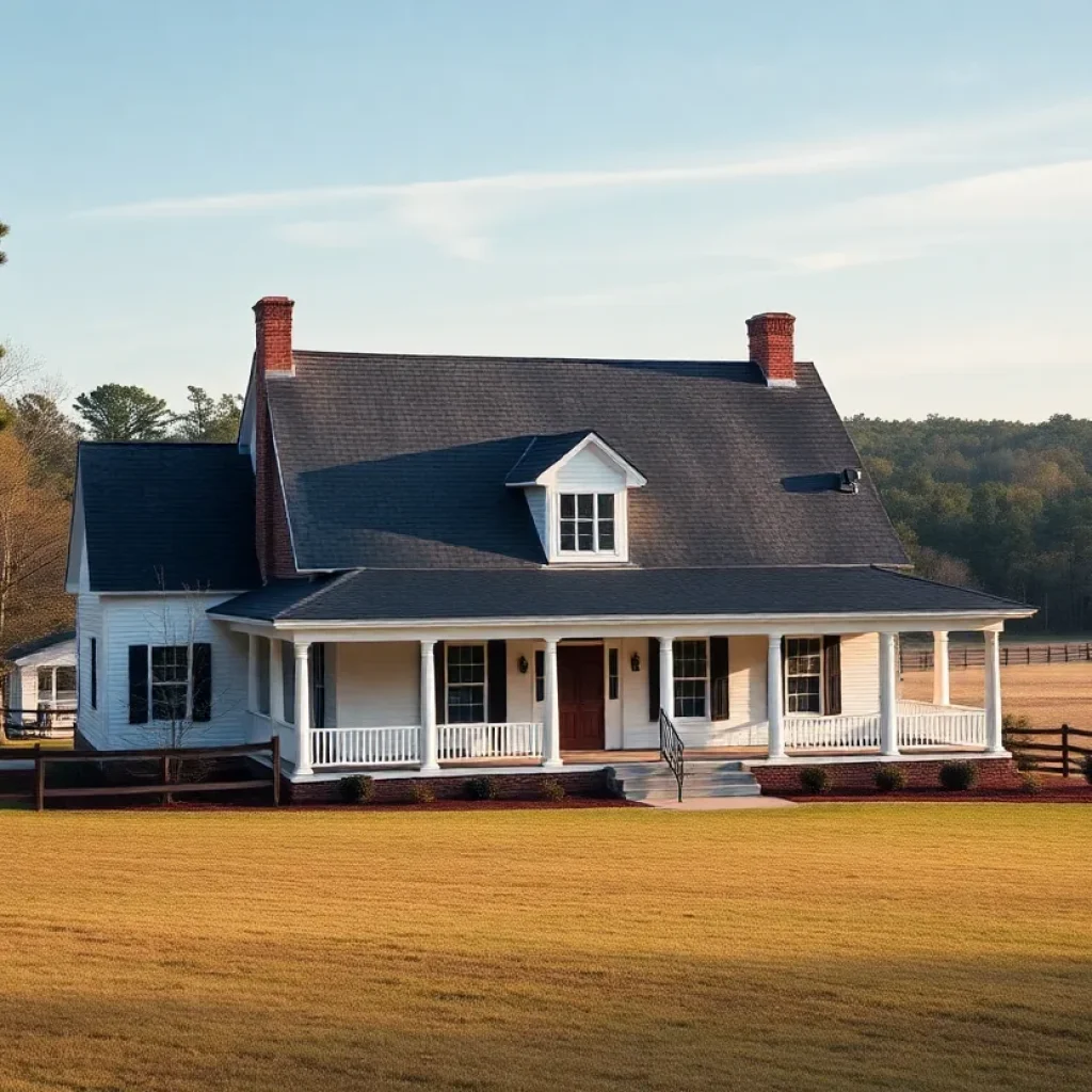 View of a historic horse farm featuring a colonial revival farmhouse and expansive fields in Newberry, SC.