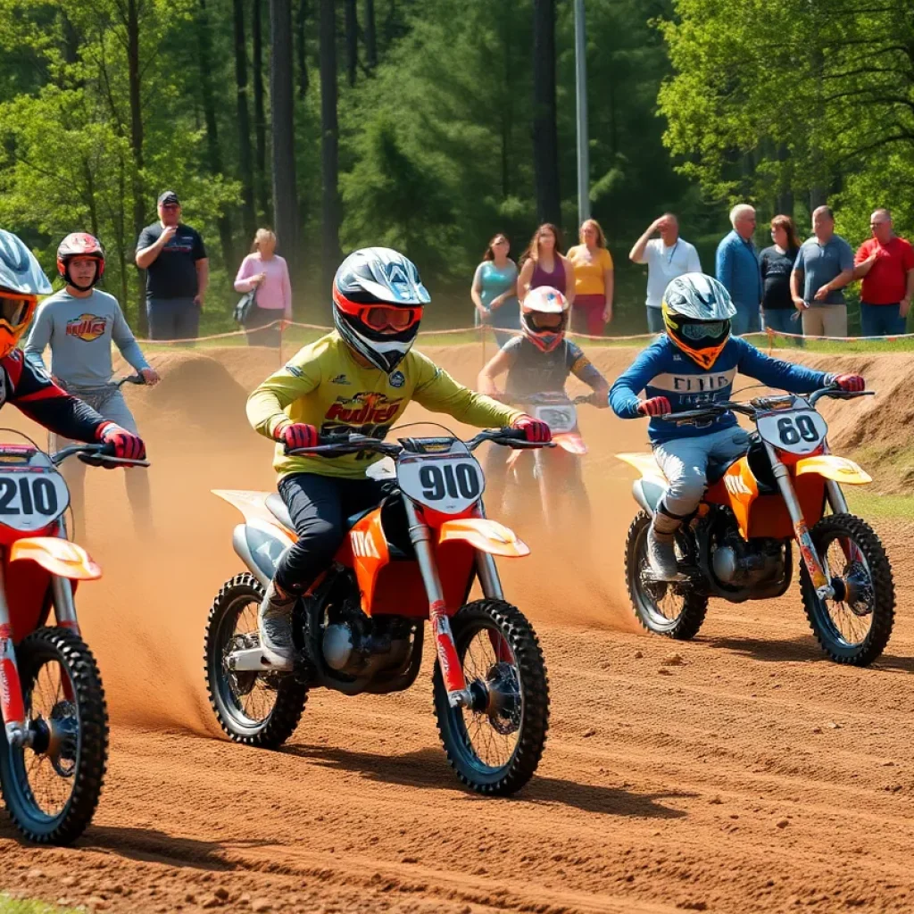 Young dirt bike racers competing in a challenging race