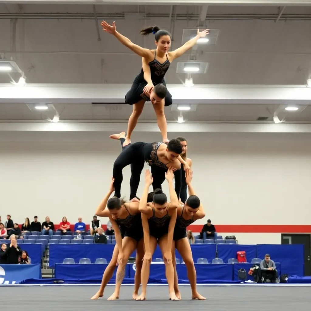 Newberry College Acrobatics team performing a pyramid during a competition