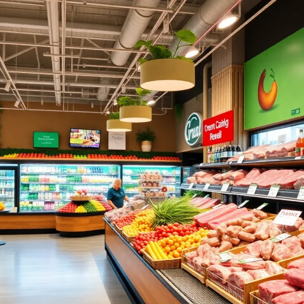 Interior of a modern grocery store with fresh produce and meat displays