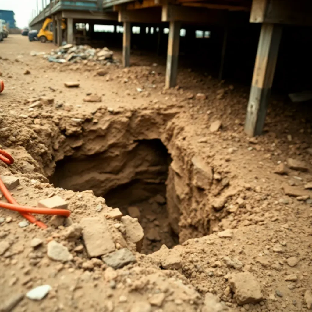 Construction site with a collapsed trench illustrating safety hazards.