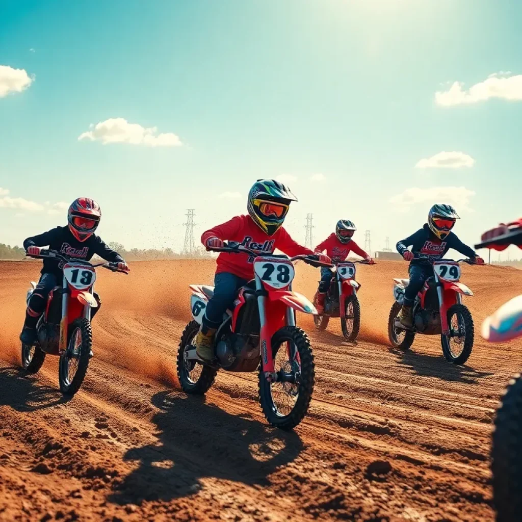 A young dirt bike racer on a muddy track surrounded by trees and cheering spectators.