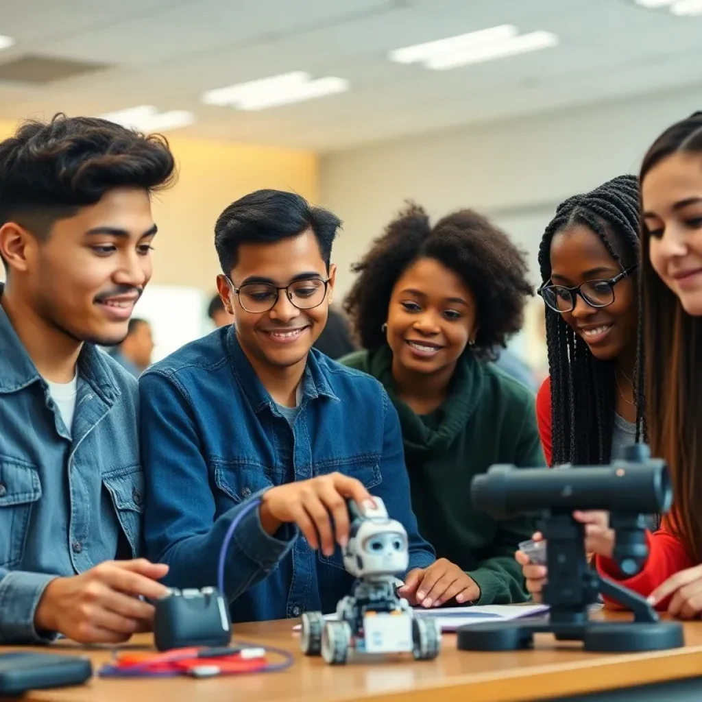 A group of young students learning in a technology classroom